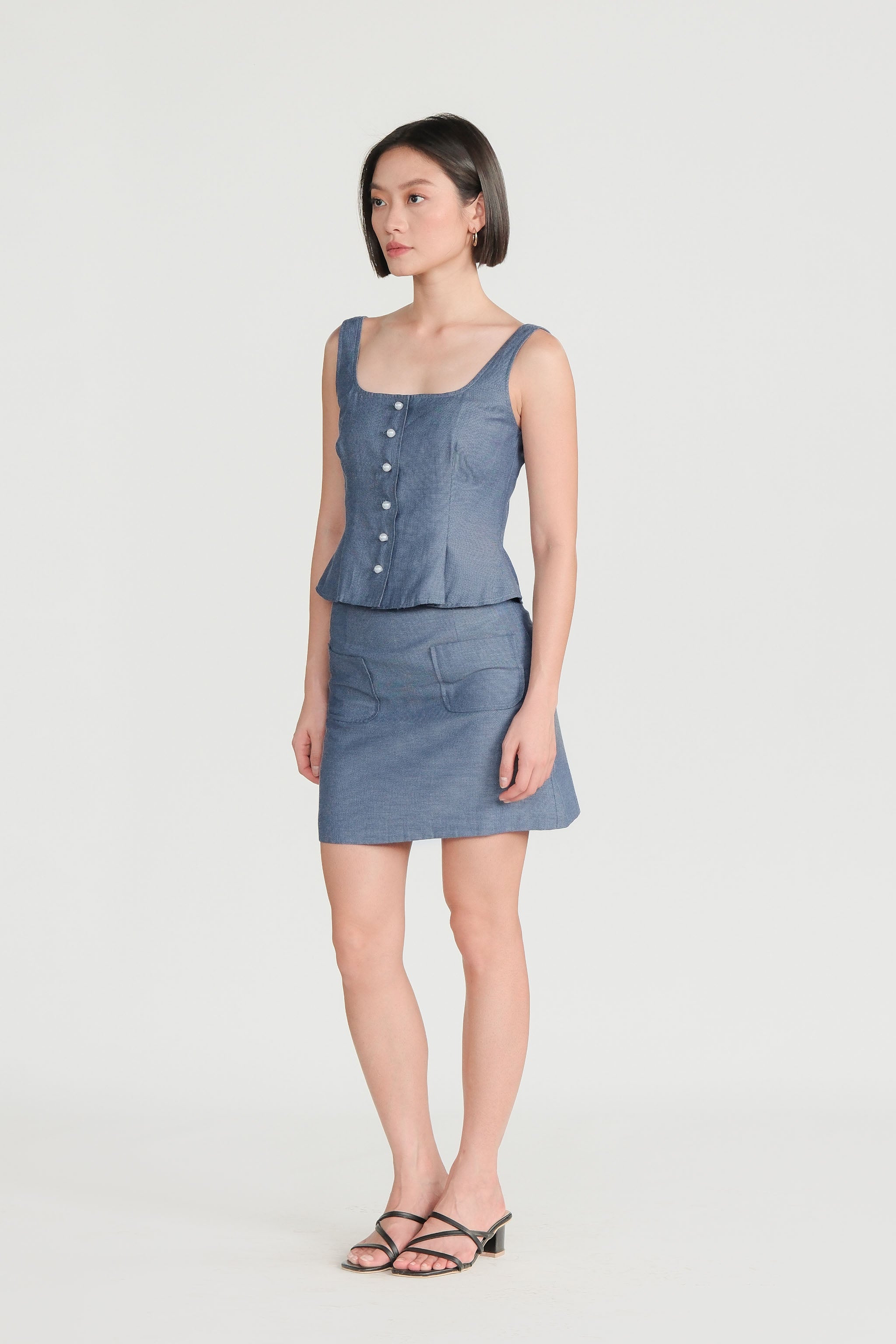 Pearl Button Vest & Skirt Set – Dusk Blue