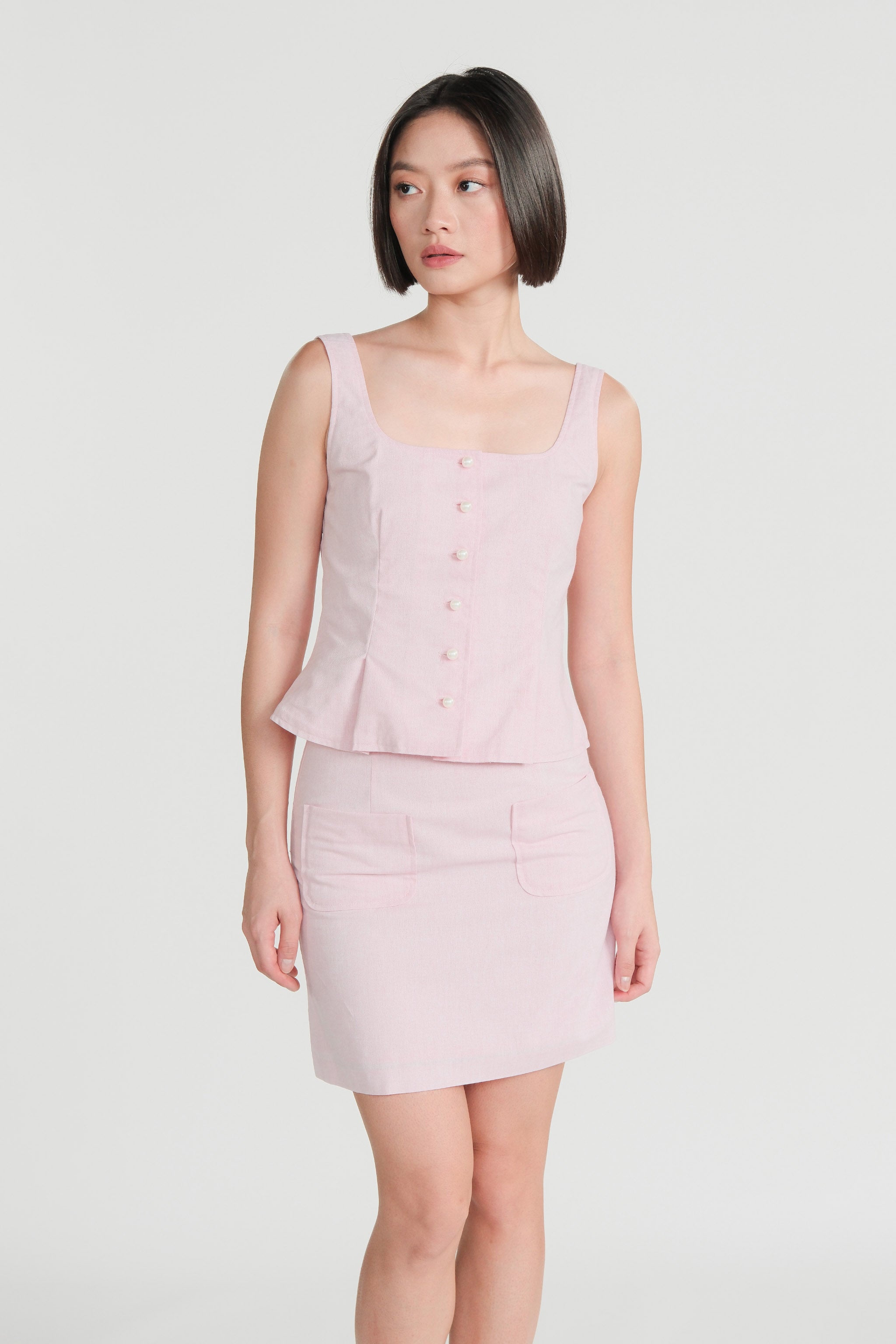 Pearl Button Vest & Skirt Set – Blush