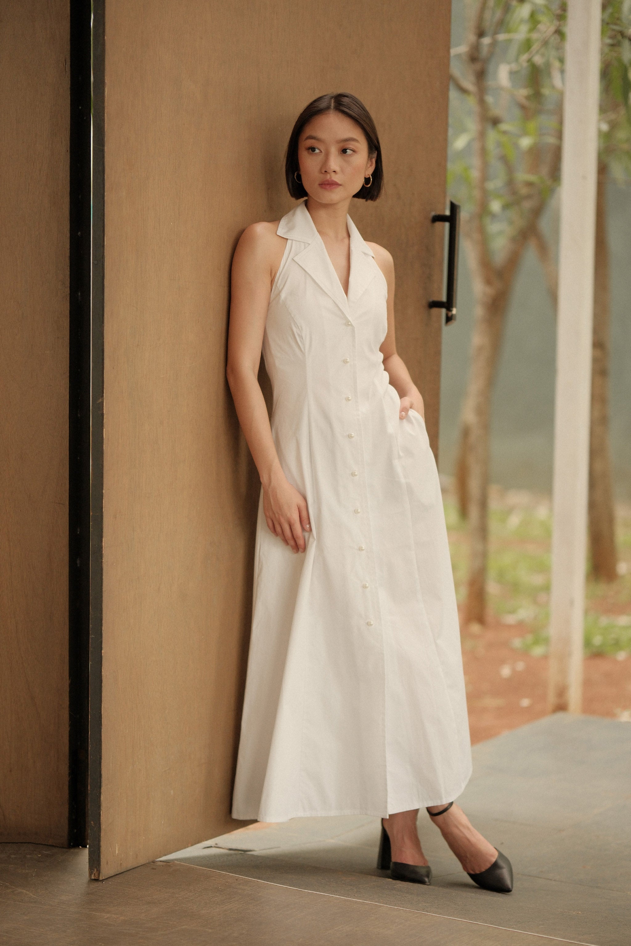 Pearl Button Halter Dress - White