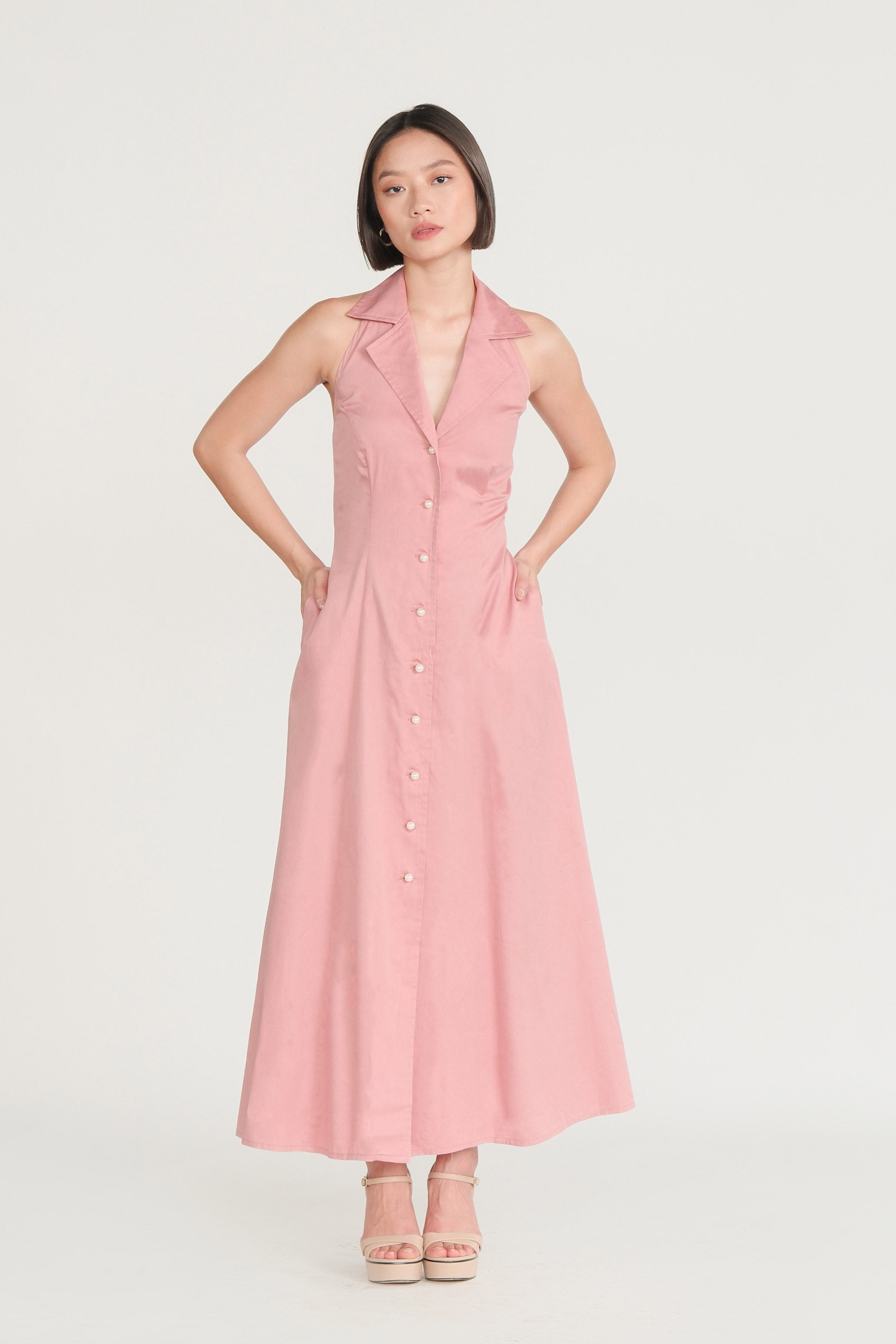 Pearl Button Halter Dress - Rose