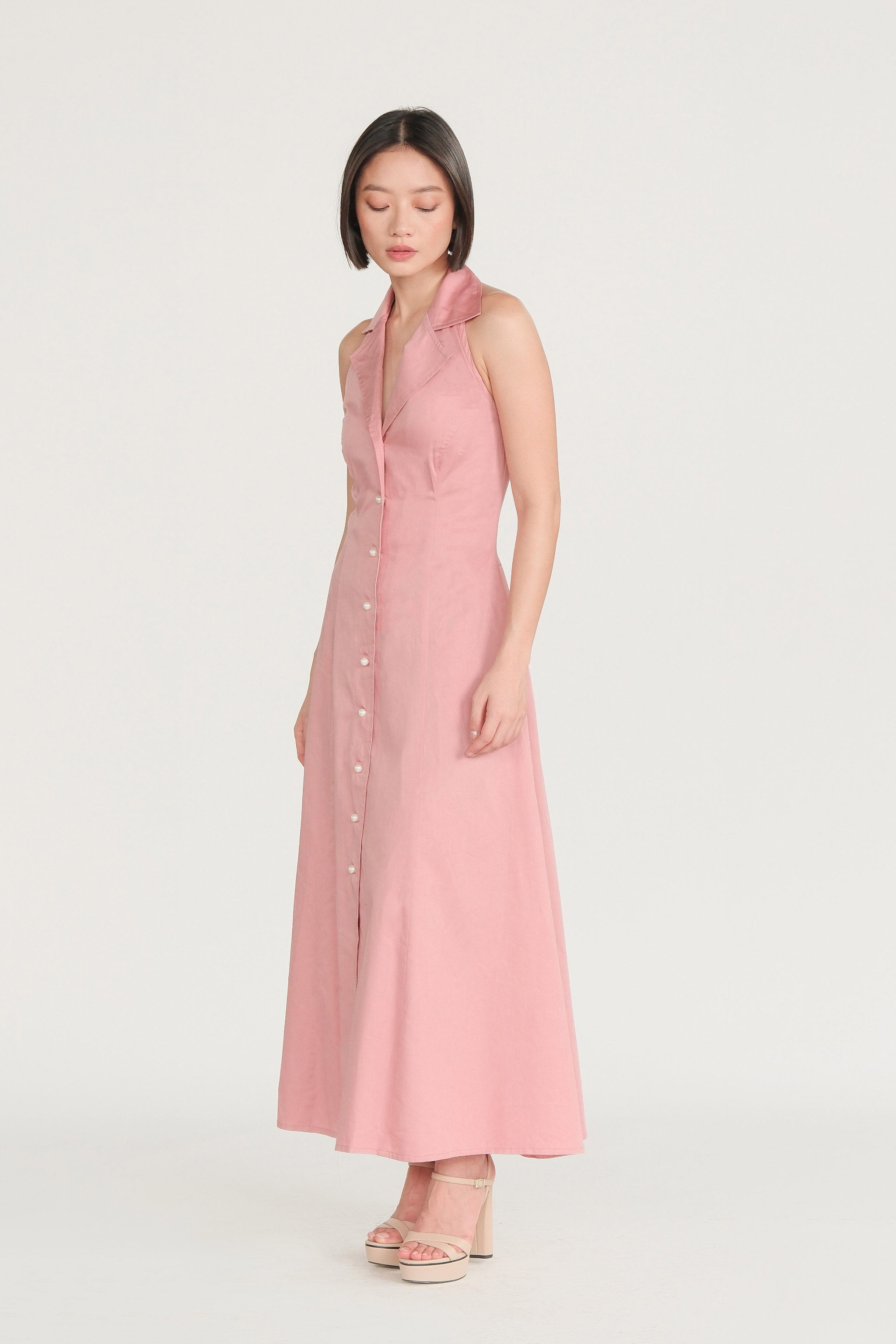 Pearl Button Halter Dress - Rose