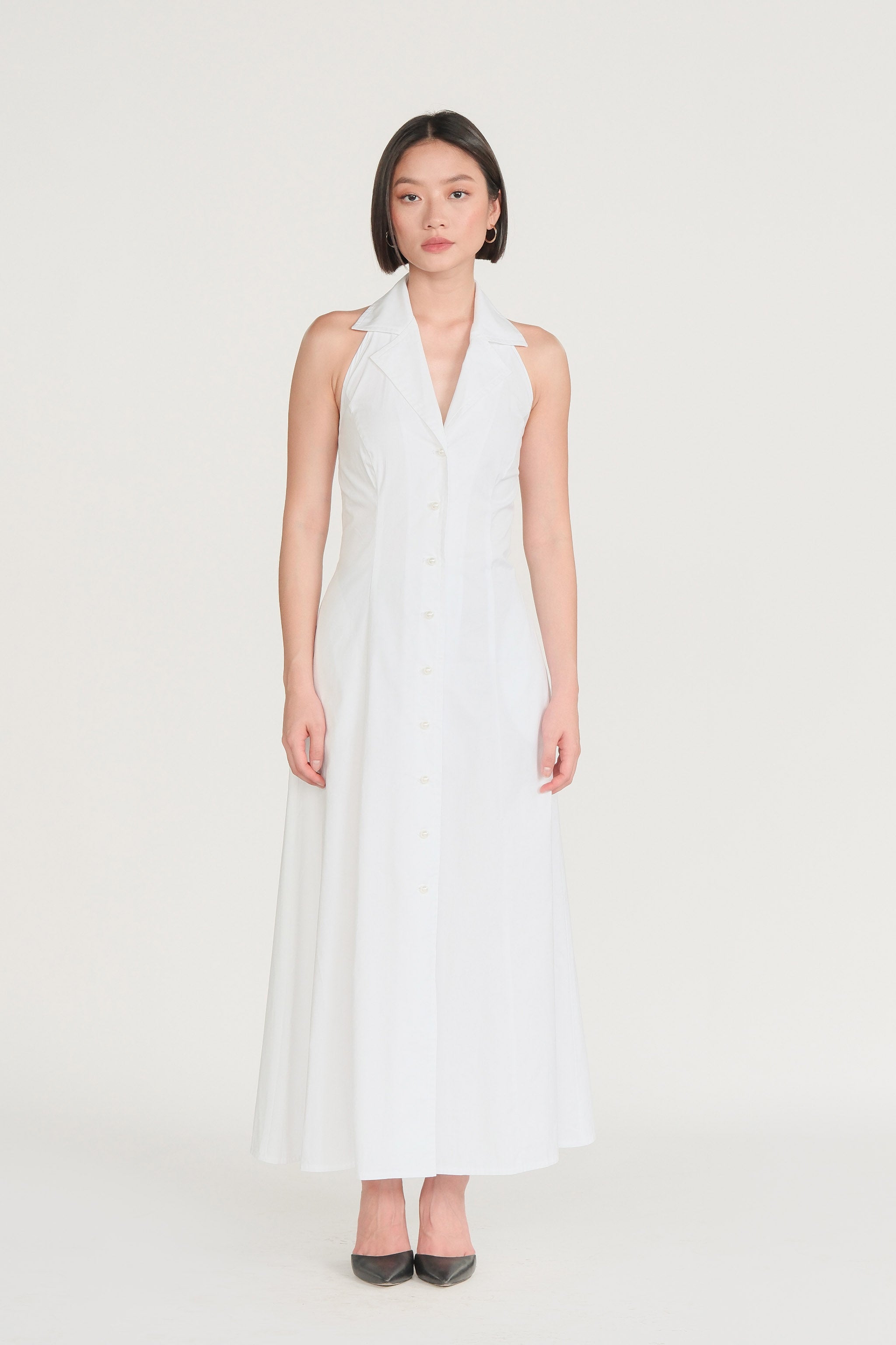 Pearl Button Halter Dress - White
