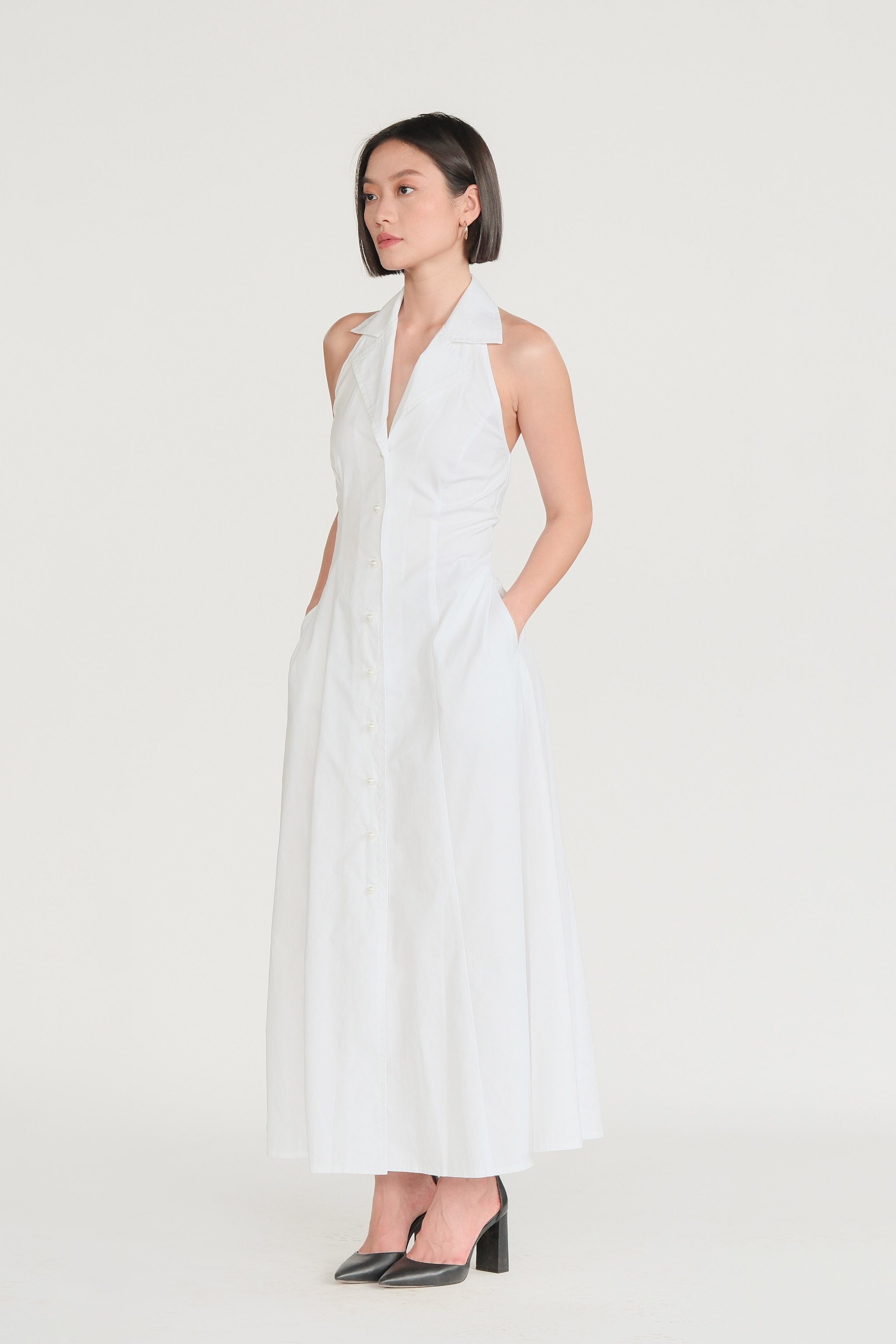 Pearl Button Halter Dress - White