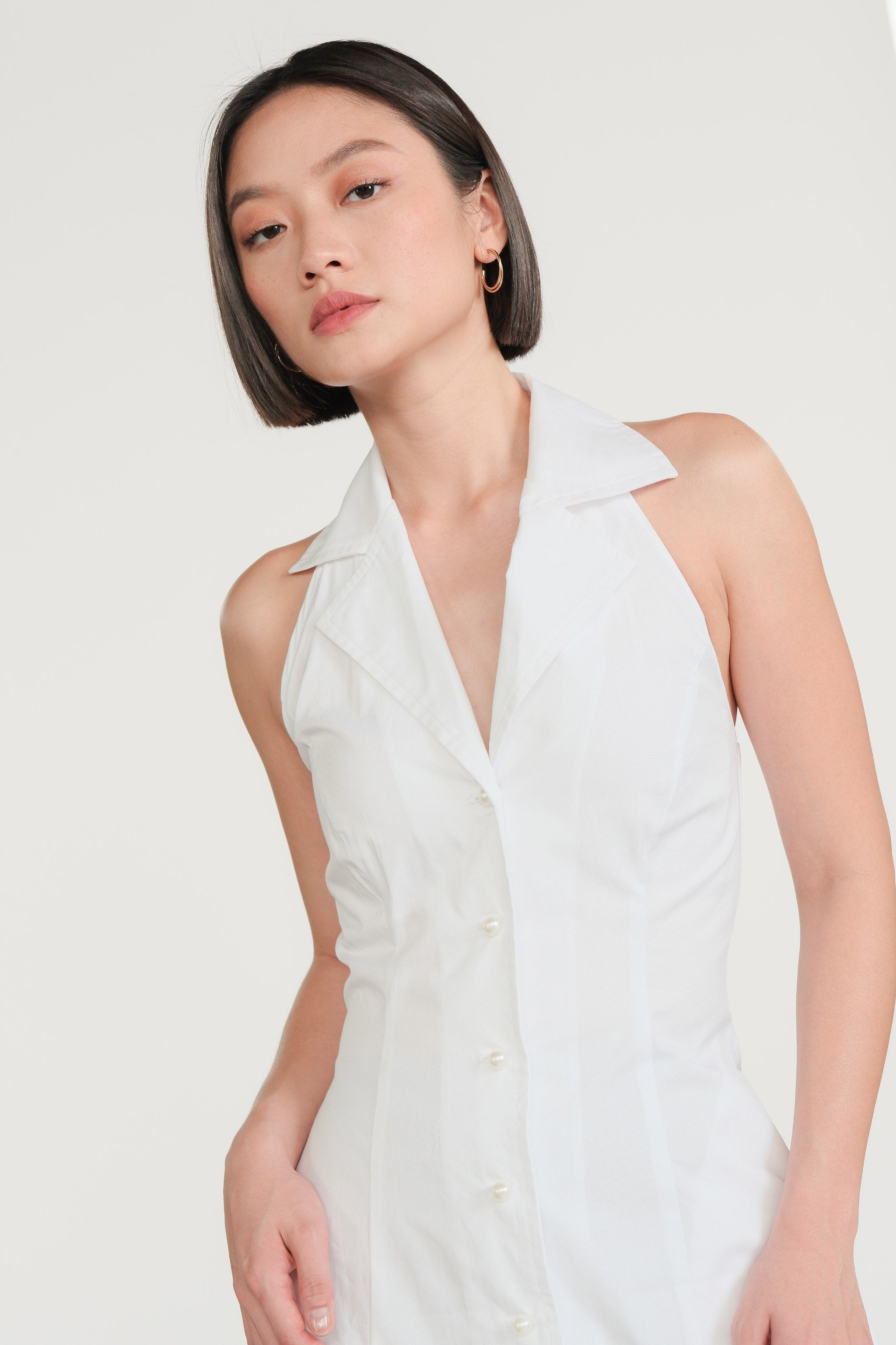 Pearl Button Halter Dress - White