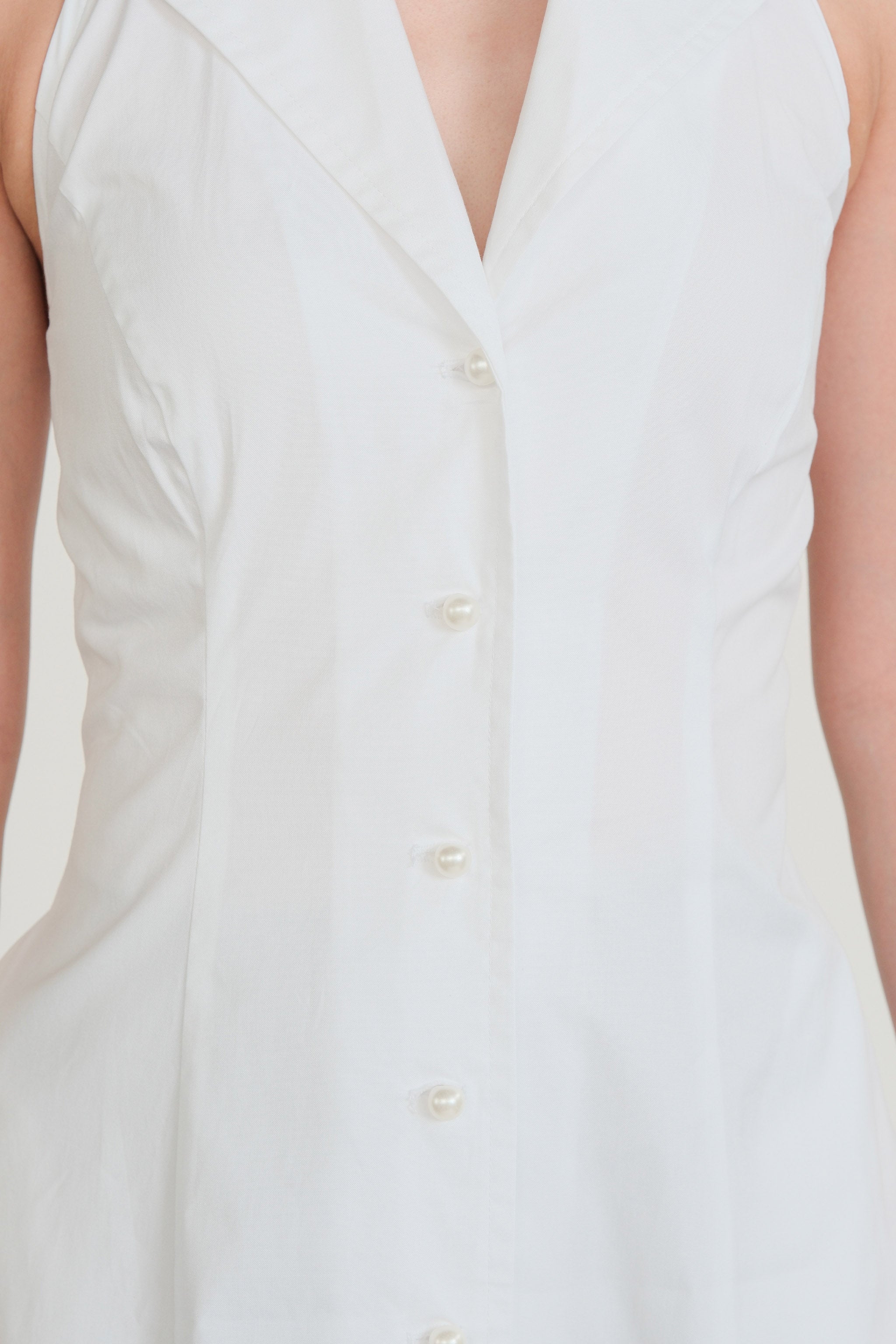 Pearl Button Halter Dress - White